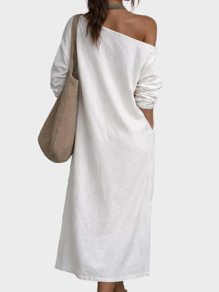 Medusa | Loose-fitting One Shoulder Split Hem Cotton Linen Midi Dress
