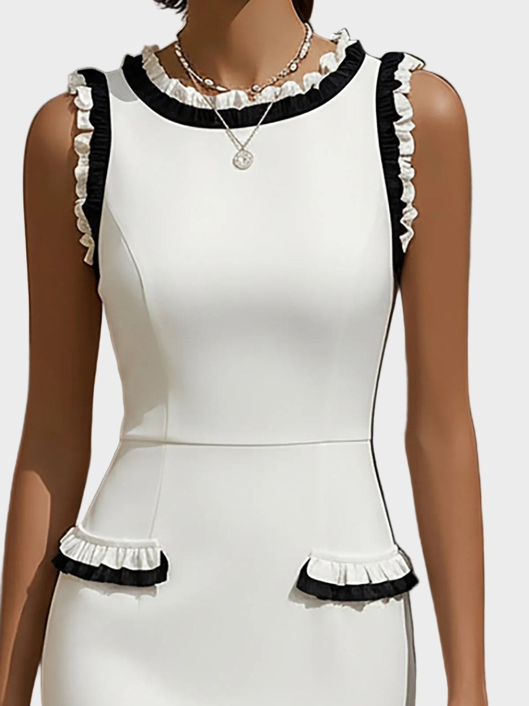 White Midi Dress With Black Ruffle Trim