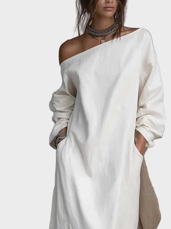 Medusa | Loose-fitting One Shoulder Split Hem Cotton Linen Midi Dress