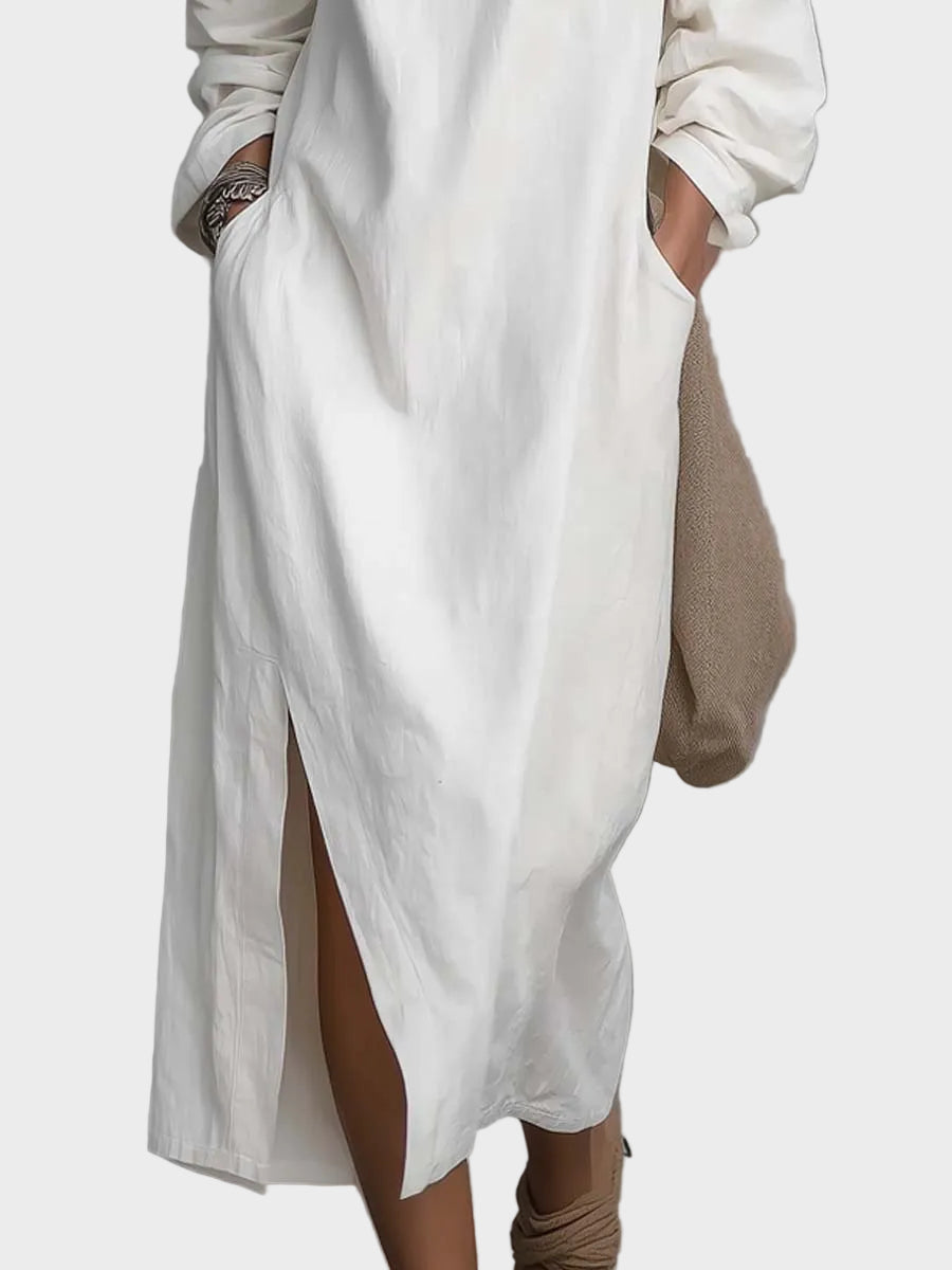 Medusa | Loose-fitting One Shoulder Split Hem Cotton Linen Midi Dress