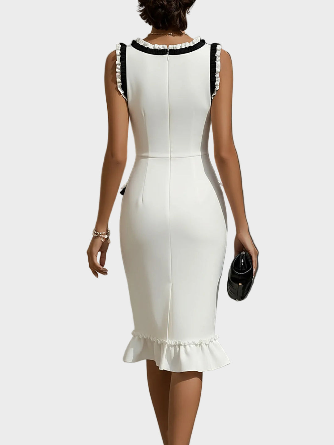 White Midi Dress With Black Ruffle Trim