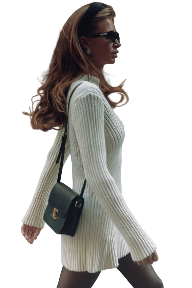 Women's Sweater Dress White Acrylic Cotton Mock Neck Long Sleeve Mini